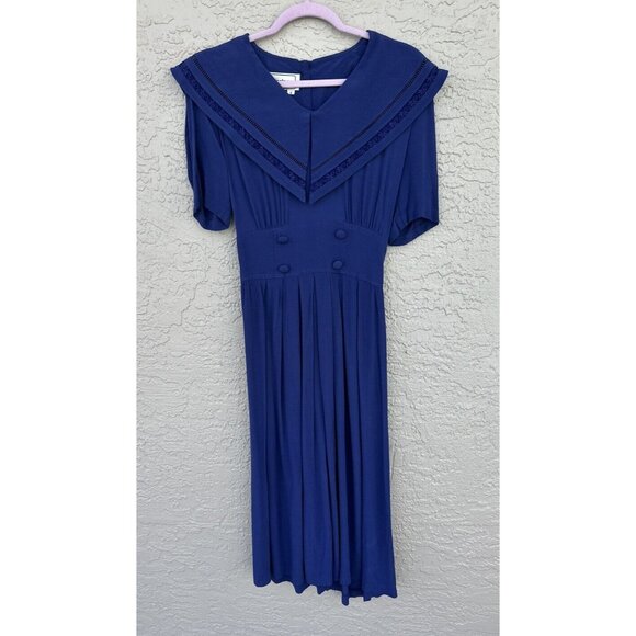 VTG Karin Stevens Blue Yoke Collar Dress  Size 8 Nautical Button Midi Pleated - Picture 1 of 10
